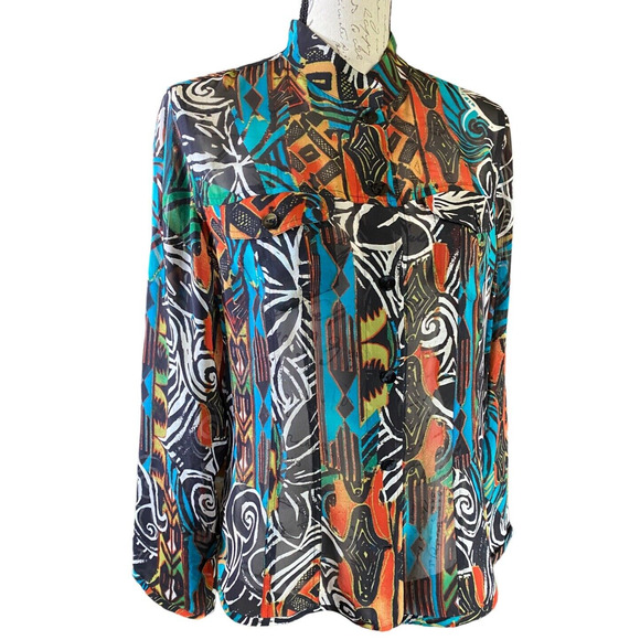 Retro CHICO'S Womens 1 (M) 100% Silk Artsy Semi-Sheer Career High Collar Blouse - Picture 2 of 10